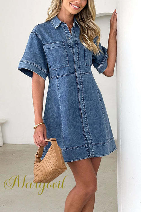 Short Sleeves Collared Button Down Denim Mini Dress