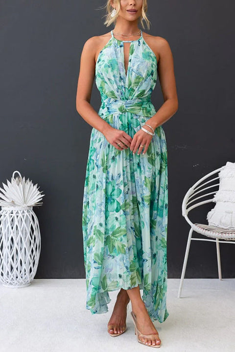 Margovil V Neck Waisted Cut Out Floral Pleated Maxi Dress