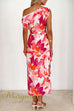 One Shoulder Tie Knot Floral Print Wrap Midi Dress