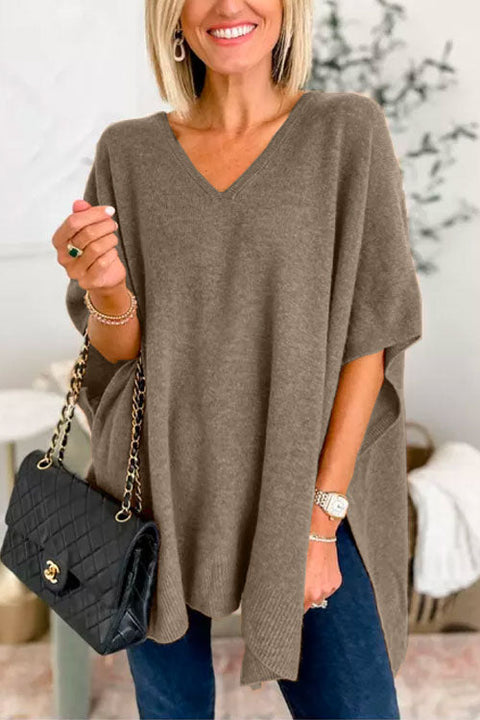 Chicest V Neck Loose Fit Solid Poncho Sweater