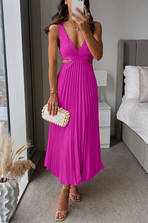 7 Colors Chicest V Neck Cut Out Waist Sleeveless Pleated Maxi Dress