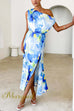 One Shoulder Side Slit Printed Maxi Dress