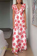 Ruffle V Neck Tie Back Floral Print Maxi Dress