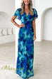 V Neck Ruffle Short Sleeves Lagoon Print Maxi Dress