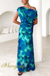 Off Shoulder Ruched Lagoon Print Maxi Dress