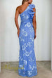 Sleeveless Ruffle One Shoulder Floral Mesh Maxi Dress