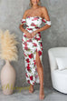 Off Shoulder Ruched Slit Rose Print Bodycon Maxi Dress