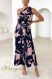 One Shoulder Midnight Leaf Print Flowy Midi Dress