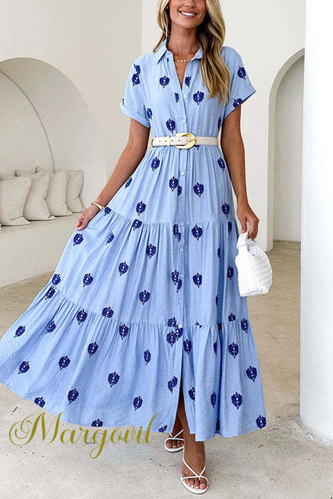 Short Sleeves Button Down Ruffle Tiered Printed Maxi Dress