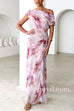 Asymmetric One Shoulder Ruched Waist Print Maxi Dress