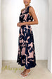 One Shoulder Midnight Leaf Print Flowy Midi Dress