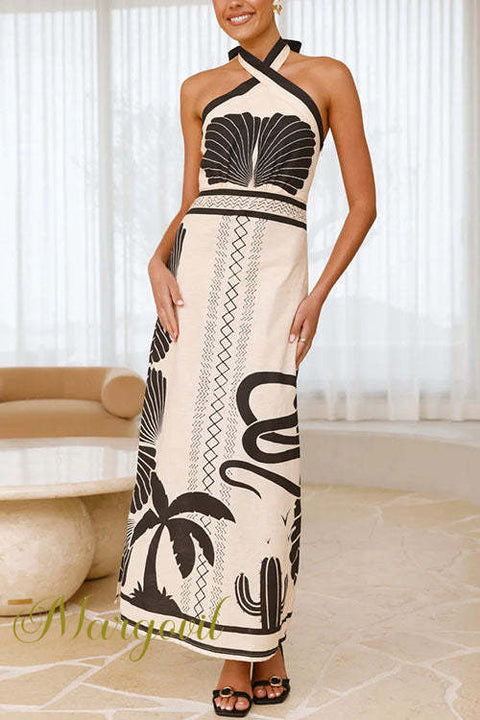 Margovil Palm Canyon Print Criss Cross Halter Maxi Dress