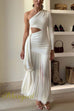 One Shoulder Cut Out Drape Fringed Maxi Dress