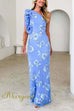 Sleeveless Ruffle One Shoulder Floral Mesh Maxi Dress