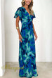 V Neck Ruffle Short Sleeves Lagoon Print Maxi Dress