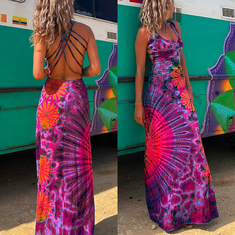 Margovil Criss Cross Backless Tie Dye Maxi Cami Dress