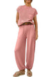 Margovil Short Sleeves Ribbed Knit Pullover Ruched Harem Pants Set