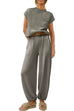 Margovil Short Sleeves Ribbed Knit Pullover Ruched Harem Pants Set