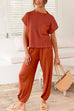 Margovil Short Sleeves Ribbed Knit Pullover Ruched Harem Pants Set