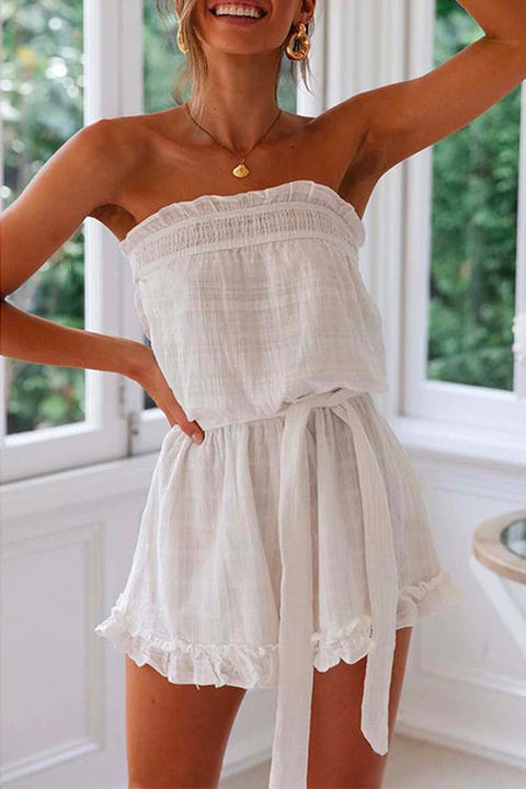 Margovil Off Shoulder Sleeveless Tie Waist Ruffle Romper