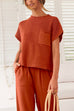 Margovil Short Sleeves Ribbed Knit Pullover Ruched Harem Pants Set