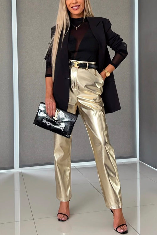 Straight Leg Metallic Faux Leather Pants