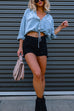 Margovil Long Sleeves Drawstring Hem Cropped Denim Shirt