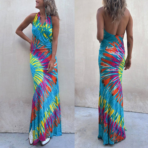 Margovil Sleeveless Halter Backless Maxi Tie Dye Dress