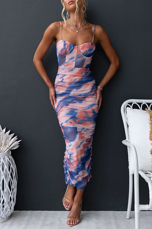 Spaghetti Strap Ruched Back Slit Printed Bodycon Midi Dress