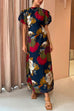 Margovil Puff Sleeve Cut Out Waist Floral Maxi Swing Dress