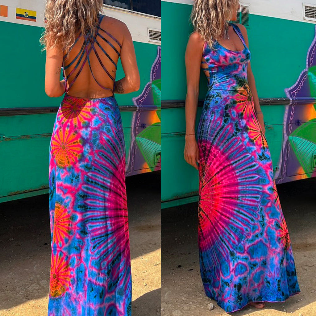 Margovil Criss Cross Backless Tie Dye Maxi Cami Dress