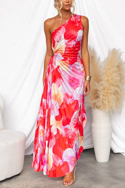 One Shoulder Sleeveless Print Asymmetric Maxi Pleated Dress