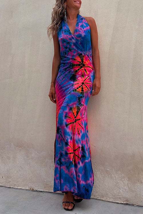 Margovil Cross V Neck Sleeveless Tie Dye Maxi Holiday Dress