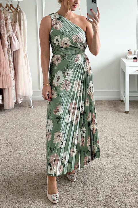 One Shoulder Waisted Floral Print Pleated Maxi Dress