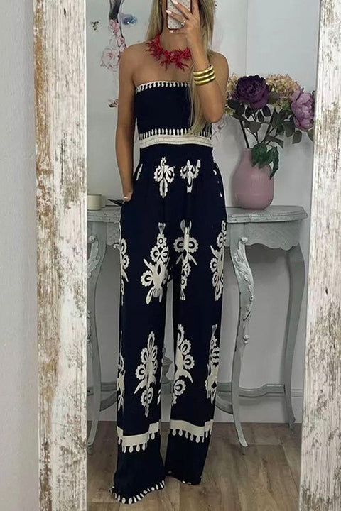 Margovil Off Shoulder Smocked High Waist Wide Leg Printed Jumpsuit