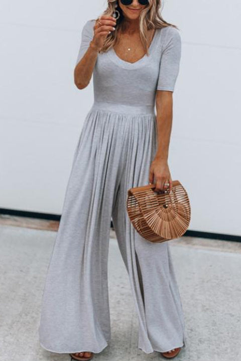 Margovil U Neck Short Sleeve Ruched Wide Leg Jumpsuit