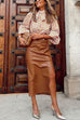 Margovil Casual Ruched Side Split Leather Skirt