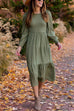 Margovil Crewneck Frill Smocked Lantern Sleeve Swing Dress