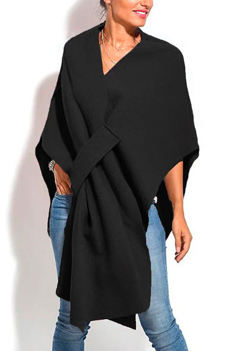 Margovil Solid V Neck Wrapped Batwing Cloak Sweater