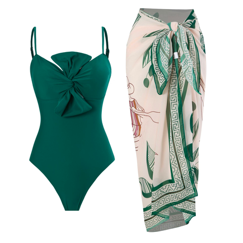 Margovil Bow Front One-piece Swimsuit and Printed Wrap Cover Up Skirt Set