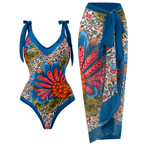 Margovil V Neck Bow Shoulder One-piece Swimwear and Wrap Cover Up Skirt Printed Set