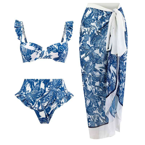 Margovil Ruffle Trim Two-Piece Swimwear and Wrap Cover Up Skirt Print Set