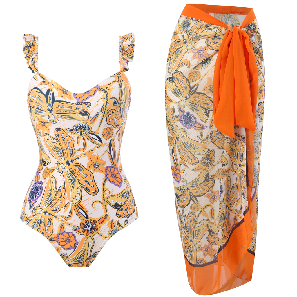 Margovil Dragonfly Print Ruffle One-piece Swimsuit and Wrap Cover Up Skirt Set