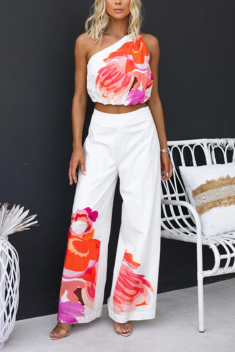 One Shoulder Sleeveless Crop Top Wide Leg Pants Printed Set