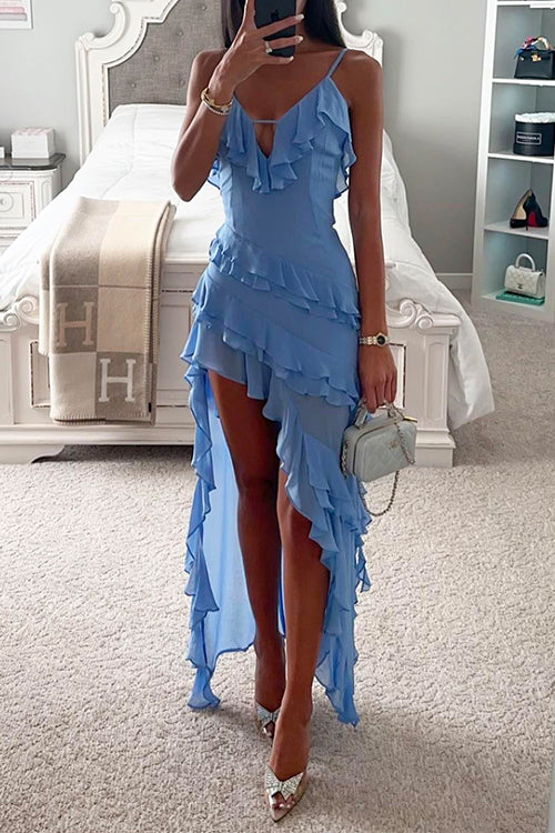 Margovil V Neck Ruffle Trim High Low Hem Party Cami Dress