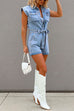 Margovil Button Up Short Sleeves Tie Waist Distressed Denim Romper