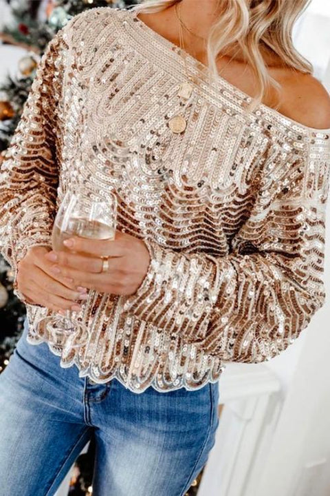 Margovil Long Sleeve Waisted Ruffle Sequin Tops