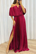 Margovil Off Shoulder Waisted High Slit Pleated Maxi Dress