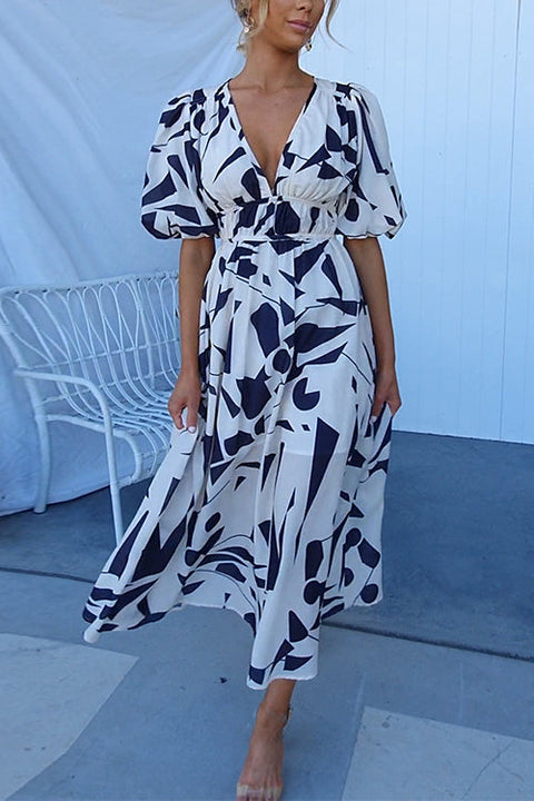 Margovil V Neck Puff Sleeves Printed Maxi Flowy Dress