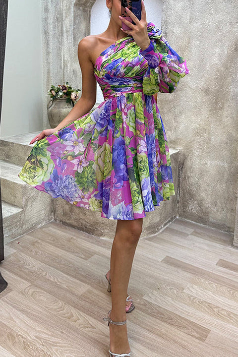 Margovil Ruched One Shoulder Waisted Floral Print Flowy Dress